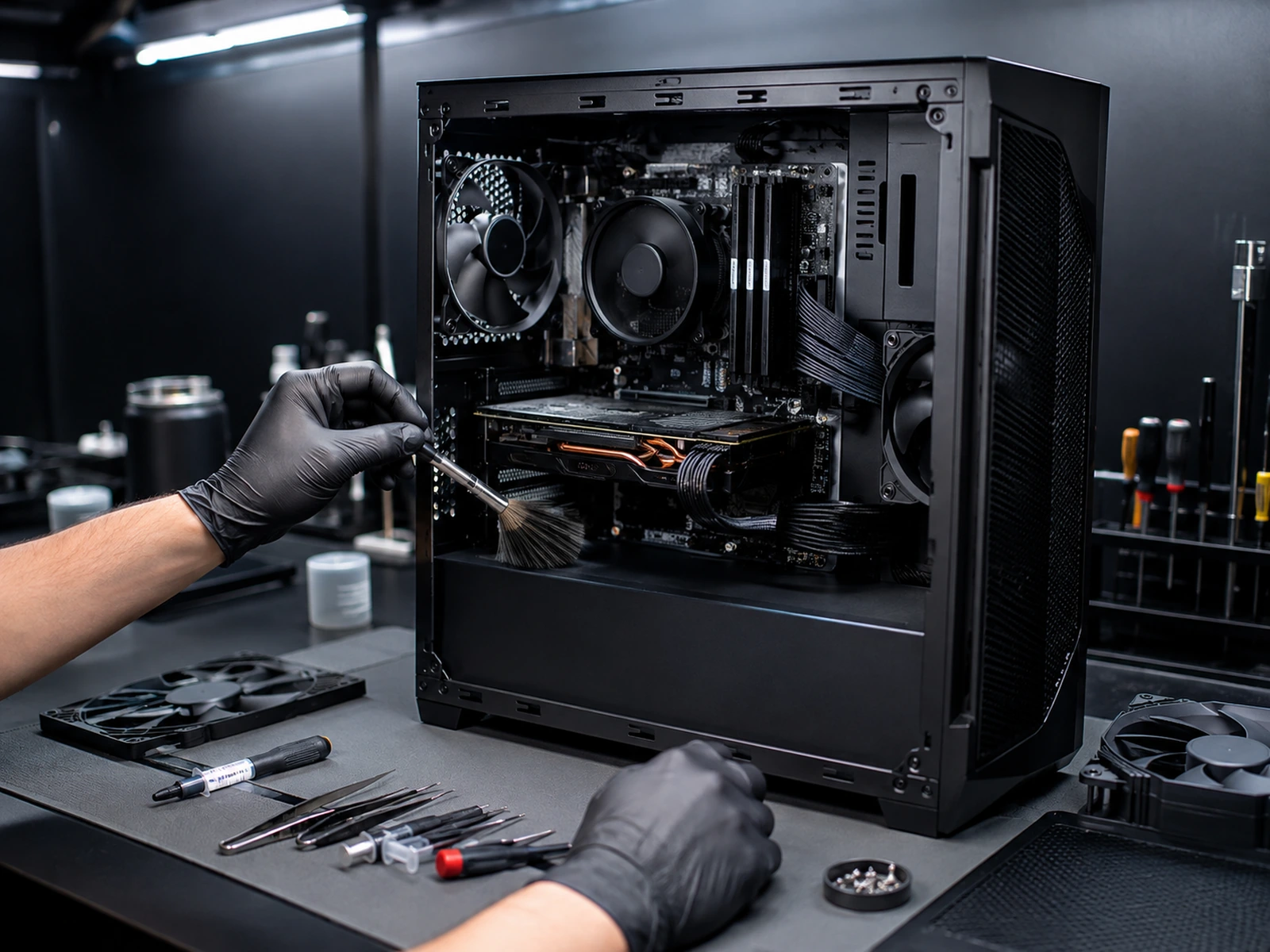 AI-assisted visualization of professional gaming PC deep cleaning