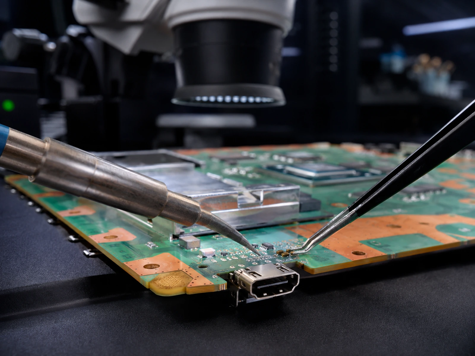 AI-assisted visualization of PlayStation 5 HDMI microsoldering under magnification