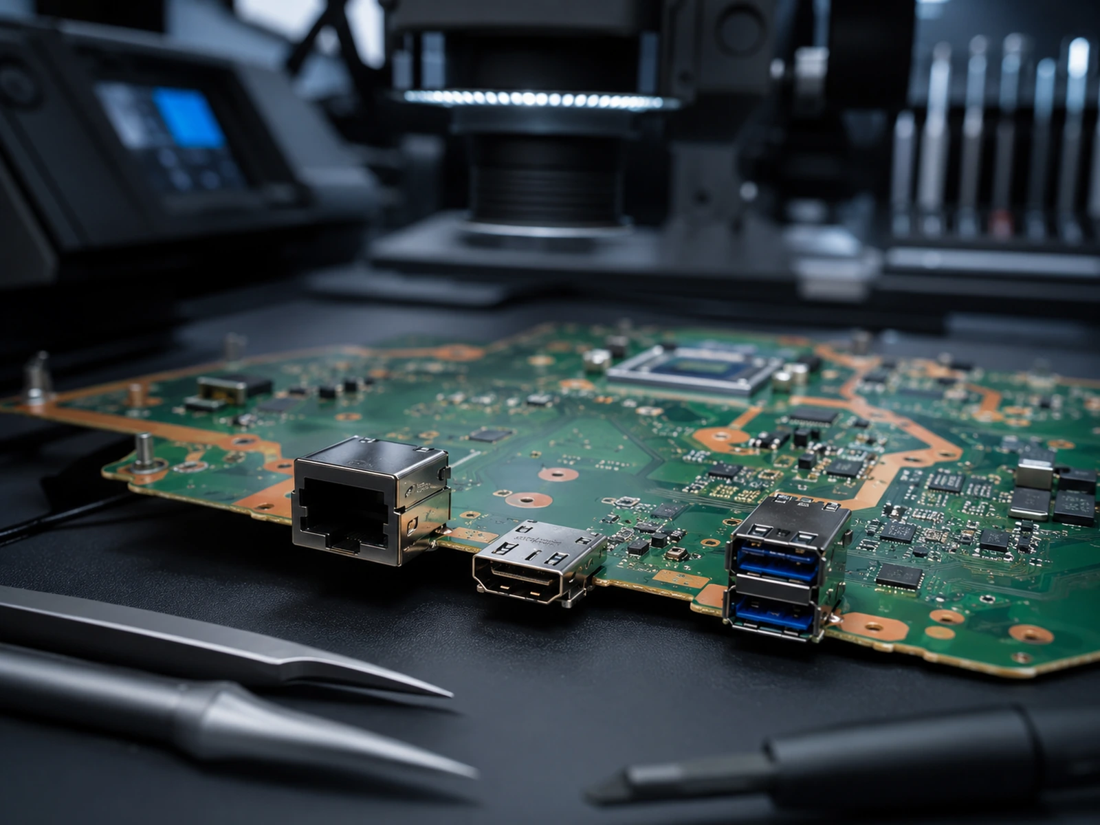 AI-assisted visualization of a PlayStation 5 HDMI port repair on an electronics workbench