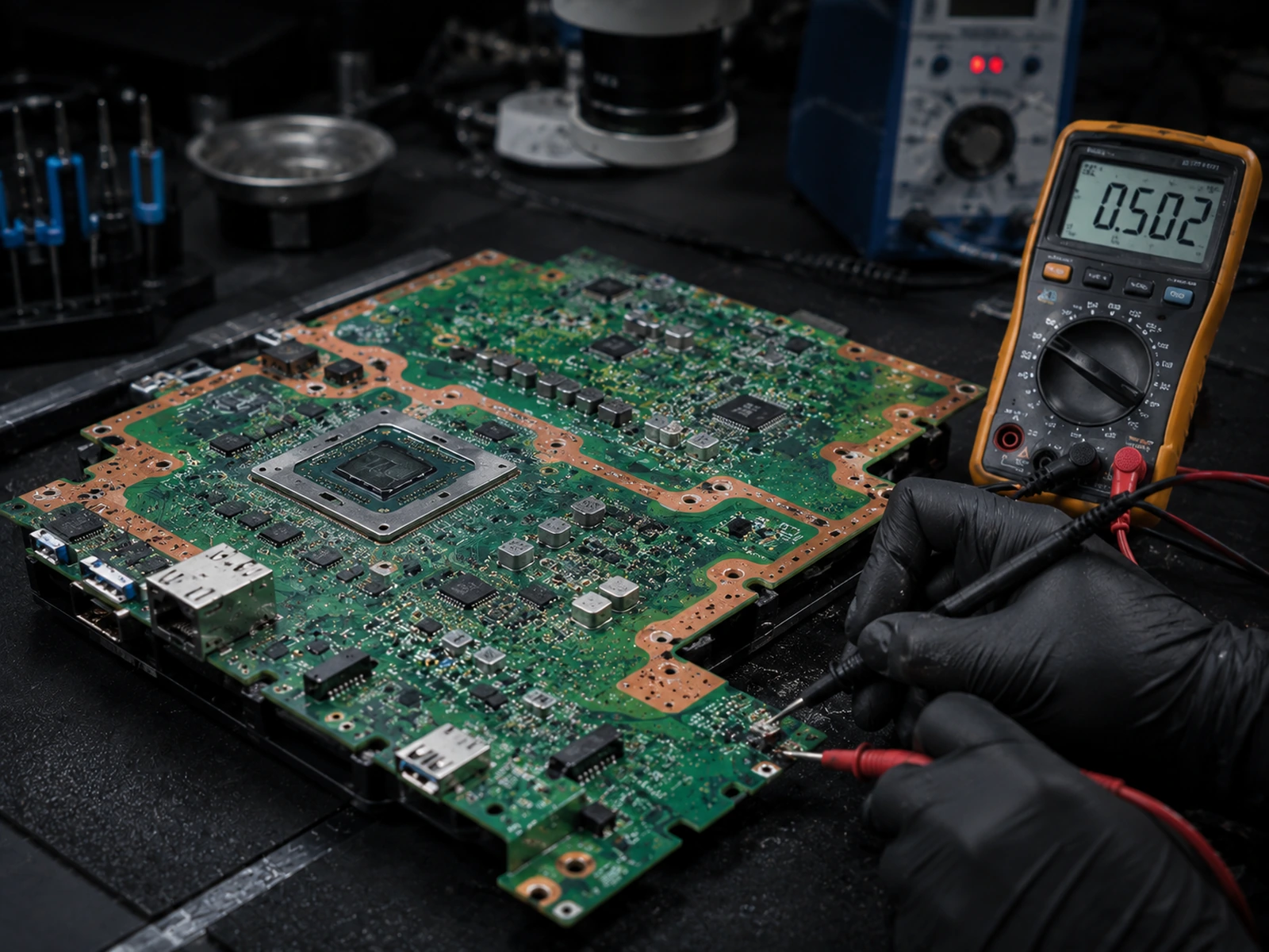 AI-assisted visualization of PlayStation 5 motherboard diagnostics with multimeter probes