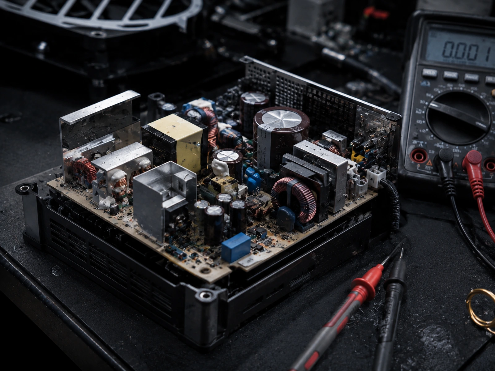 AI-assisted visualization of PlayStation 5 power supply diagnostics on a repair bench
