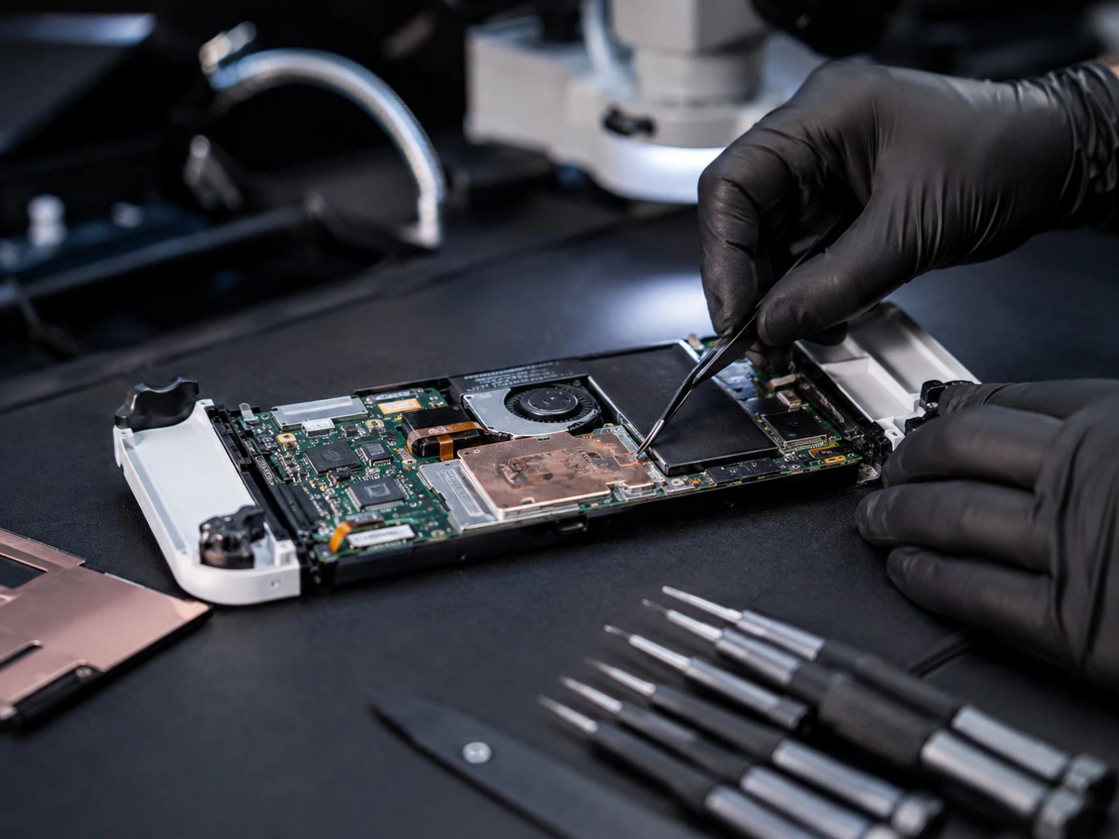 AI-assisted visualization of Nintendo Switch OLED motherboard repair