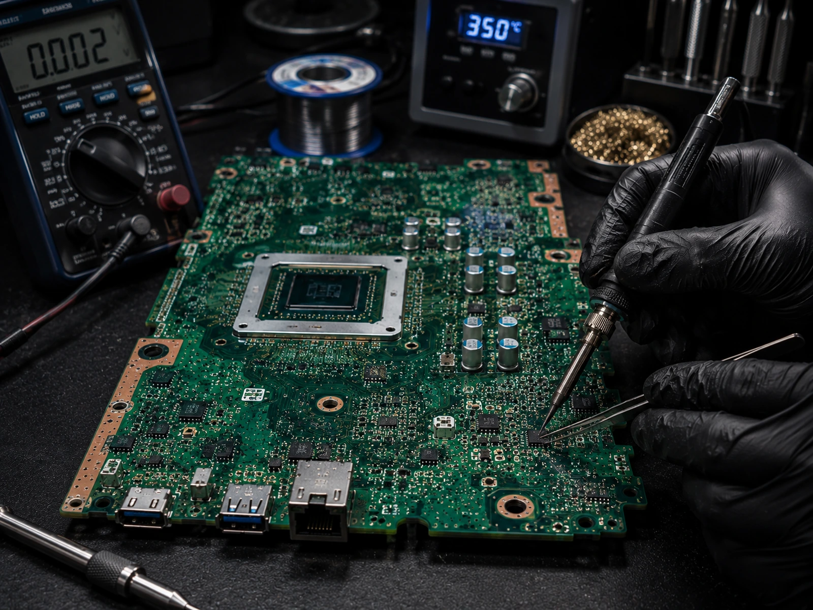 AI-assisted visualization of Xbox Series southbridge inspection and repair
