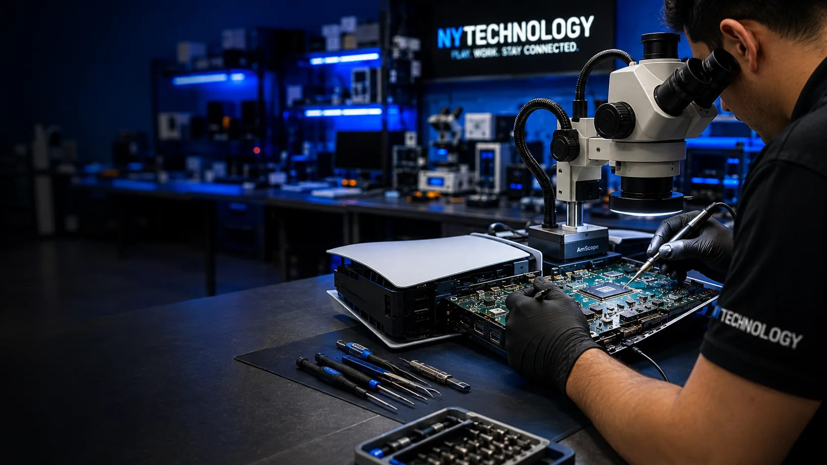 PS5 HDMI port repair under a professional microscope at NYTechnology in the Bronx